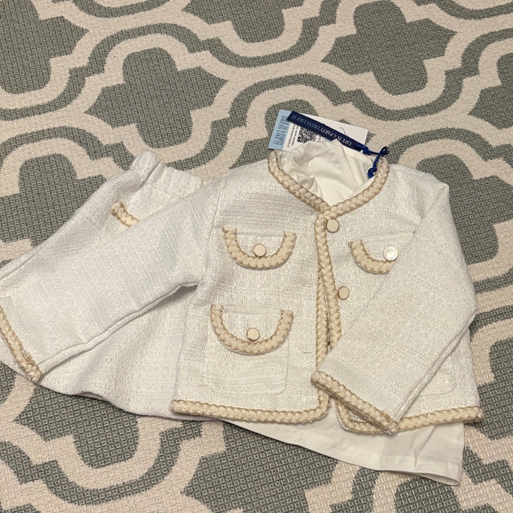 Cream Tweed Three-Piece Set with Braided Trim